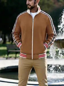 Men's brown athletic jacket with striped stand collar and ribbed cuffs