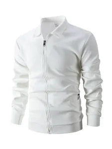 Close-up of white waffle knit texture and full-zip design on men's slim fit jacket