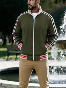 Men's olive green casual sports jacket with stand collar and striped webbing accents