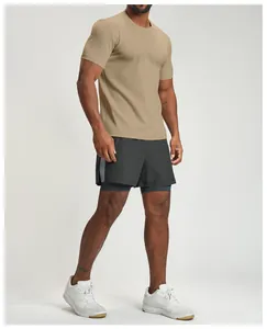 High-quality detailed view of men's khaki quick-dry athletic t-shirt for gym and workout
