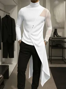 Ανδρικό Gothic T-Shirt με Ψηλό Λαιμό Μακρύ Μανίκι Στενή Εφαρμογή Ασύμμετρο Στρίφωμα Διαγώνιο Φερμουάρ Δίχτυ Patchwork Τοπ
