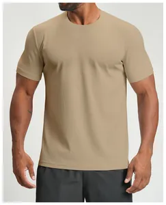 Close-up of men's khaki quick-dry athletic t-shirt showing breathable fabric texture