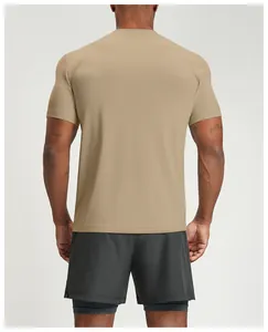 Detailed back view of a khaki quick-dry athletic t-shirt for men showing breathable fabric