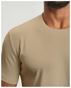 Close-up of breathable mesh fabric on a khaki quick-dry crew neck sports t-shirt