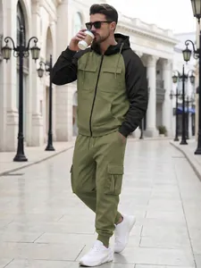 Full view of men's olive green and black hooded tracksuit with cargo multi-pocket details