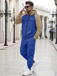 Men's casual blue and khaki two-piece tracksuit with fleece lining and cargo pockets.