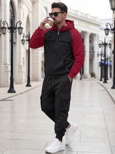 Men's casual fleece tracksuit set with multi-pocket cargo pants in urban setting