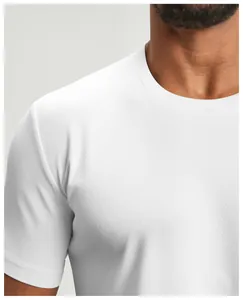 Close-up of white breathable micro-mesh fabric on a men's sports crew neck t-shirt