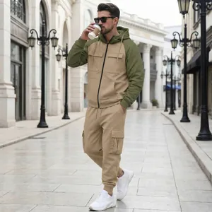 Stylish men's two-tone fleece hooded tracksuit featuring khaki cargo pants and jacket