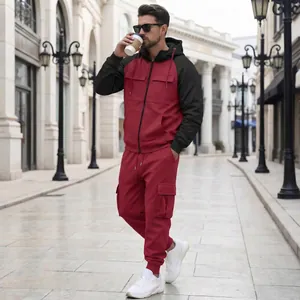 Full view of men's red and black fleece tracksuit set featuring stylish cargo pockets