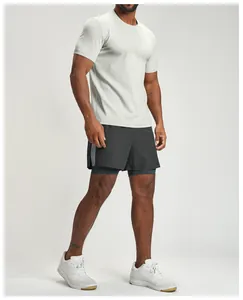 Detail view of breathable quick-dry men's sports t-shirt and double-layer gym shorts