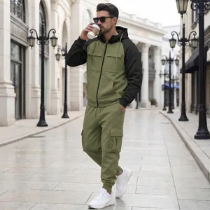 Casual men's olive green and black fleece tracksuit with functional cargo pockets
