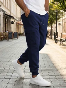 Cómodos pantalones cargo azul marino para hombre con bolsillos y puños con cordón