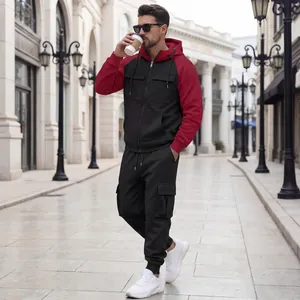 Men's two-piece fleece tracksuit set with hooded jacket and cargo joggers in street style