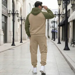 Back view of men's American style fleece khaki tracksuit with cargo pocket details