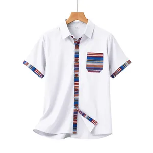Men's white short-sleeved shirt with colorful Bohemian striped accents on pocket and cuffs