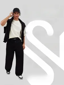 Casual men's oversized loose straight cut black denim jeans for a minimalist style