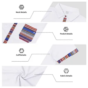 Close-up details of Bohemian striped pocket and cuff on men's white casual shirt