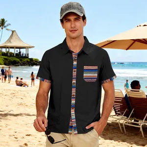 Stylish men's black short-sleeve casual beach shirt with colorful Bohemian stripe details.
