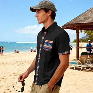 Men's bohemian short sleeve beach shirt in black featuring colorful striped trim and pocket