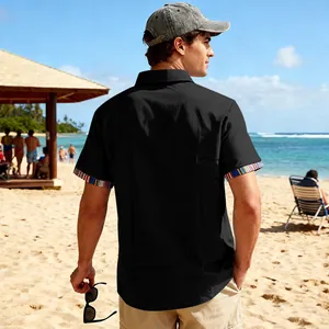 Back view of men's black beach shirt featuring bohemian style colorful striped cuff details