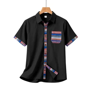Men's black short-sleeve shirt with Bohemian colorful striped pocket and trim details.