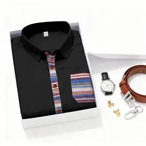 Men's black Bohemian style short sleeve shirt neatly folded in a white gift box with watch.