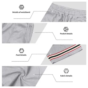 Detailed views of grey mesh sports shorts showing waistband, pockets, and fabric texture