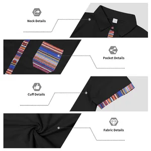 Close-up views of Bohemian patterned collar, pocket, and cuffs on black casual shirt