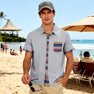 Men's bohemian contrast striped beach shirt in grey marl for summer leisure and outdoor wear