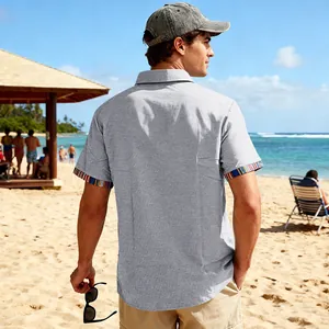 Men's casual gray beach shirt featuring bohemian style colorful patterned sleeve trim