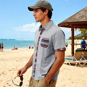 Men's bohemian striped short sleeve casual shirt in a tropical beach vacation setting