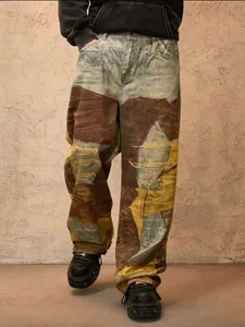 Vaqueros Rectos de Moda Callejera para Hombre con Patchwork de Tinte de Barro Rasgados Impresión Digital 3D Pantalones Denim