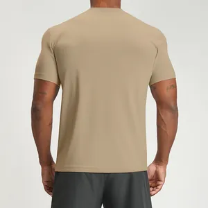 Men's tan quick-dry crew neck sports T-shirt, back view showing breathable fabric texture