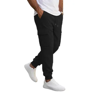 Pantalones cargo negros informales para hombre con múltiples bolsillos y cordón ajustable