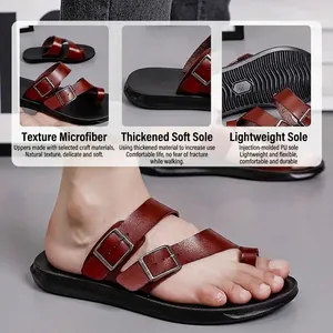Men's brown PU leather toe loop sandals with double buckles and thick sole