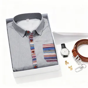 Folded men's bohemian striped casual shirt in gift box with watch and belt accessories