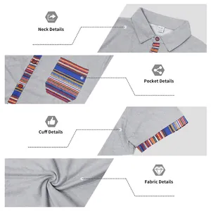 Detailed close-ups of bohemian style men's shirt collar, pocket, cuff and grey fabric
