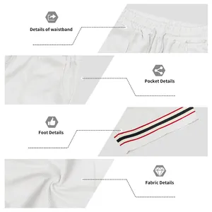 Detailed views of white waffle knit sports shorts for men with striped hem and pockets
