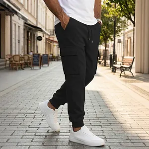 Pantalones cargo negros para hombre con múltiples bolsillos y cordón ajustable cómodo