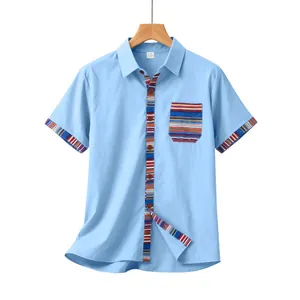 Detail view of Bohemian striped chest pocket and placket on light blue summer shirt