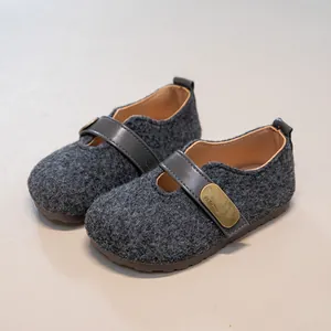 Vintage British style children's wool felt Mary Jane shoes in dark grey with strap