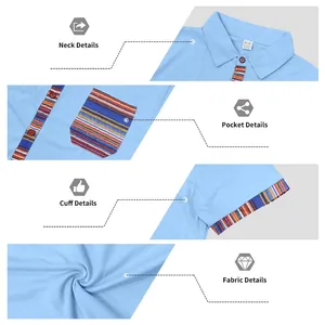 Close-up details of men's Bohemian style polo shirt neck, pocket, and cuff