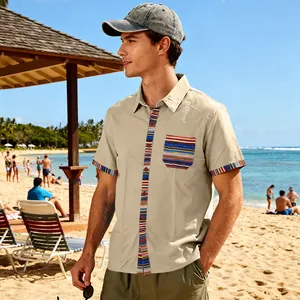 Mens bohemian striped short sleeve beach shirt in khaki with colorful contrast patterns