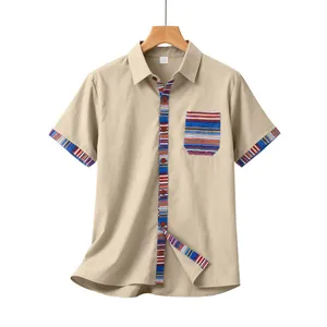 Men's khaki bohemian short-sleeved shirt with colorful striped pocket and placket detail