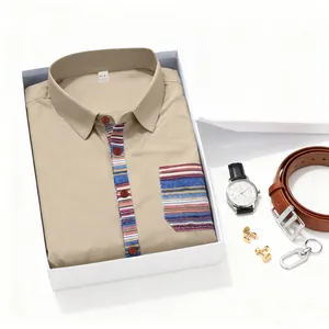 Detail view of men's bohemian striped casual shirt folded in gift box with watch.