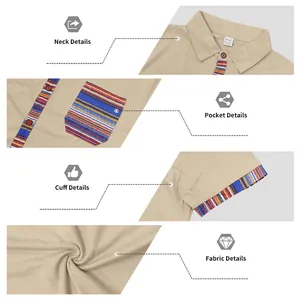 Detailed view of men's bohemian style shirt neck, pocket, cuff and fabric texture