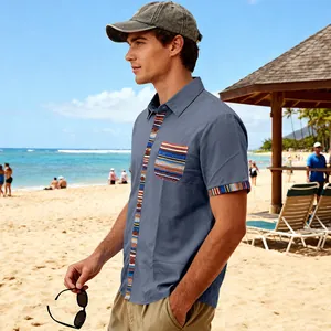 Men's short sleeve beach shirt with Bohemian stripe details in sunny resort setting