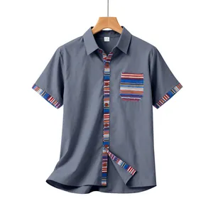 Close-up of men's grey shirt featuring Bohemian striped placket and pocket detail