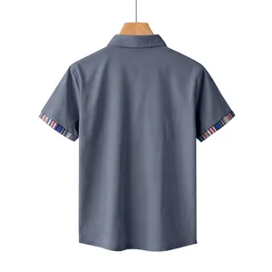 Rear view of men's short-sleeved casual gray shirt featuring Bohemian striped sleeve cuffs.
